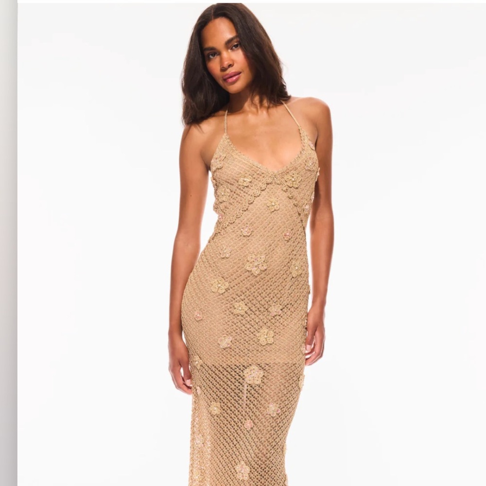 LoveShackFancy Vreya Metallic Crochet Halter Dress size M